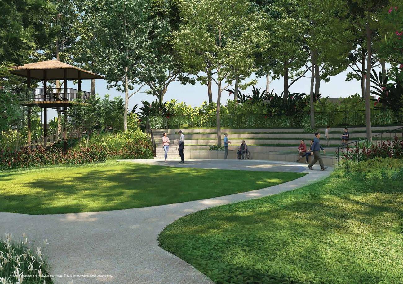 Landscaped lawn with a curving path, amphitheatre seating and a timber machan