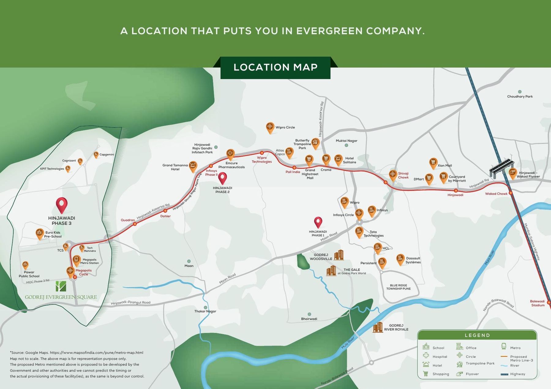 Location map of Godrej Evergreen Square with nearby IT parks, schools, malls, metro and roads
