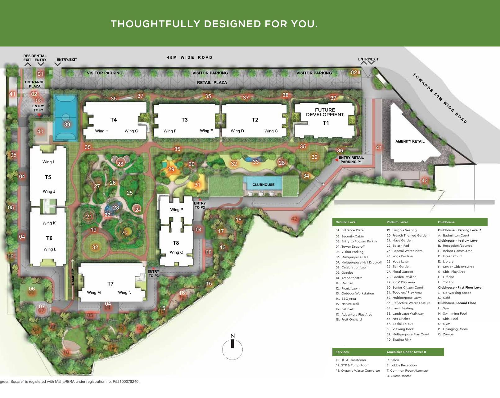 Master layout plan showing towers T1 to T8, clubhouse, retail plaza and amenities